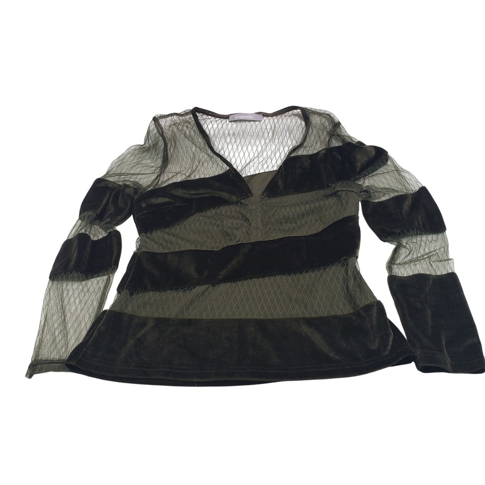 Capsule Womens Velvet Mesh‎ Striped Top M Olive Green